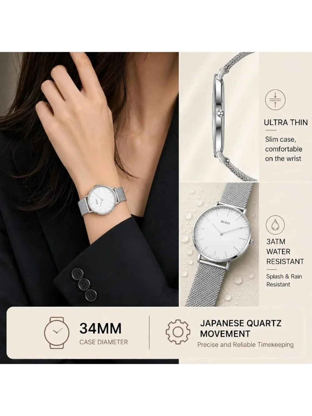 Women's Silver White Minimalist Analog Quartz Waterproof Dress Wrist Watches